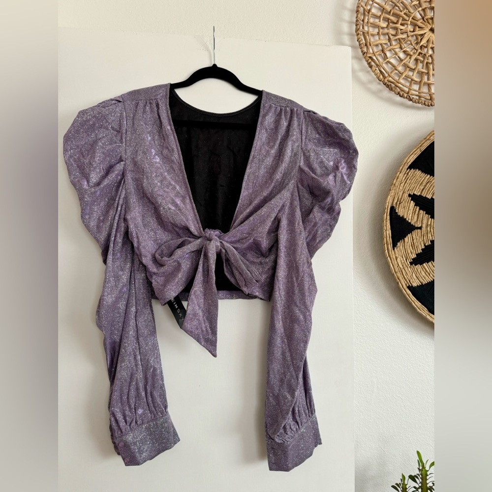 Glittery purple cropped party top with tie PLUS SIZE 4X